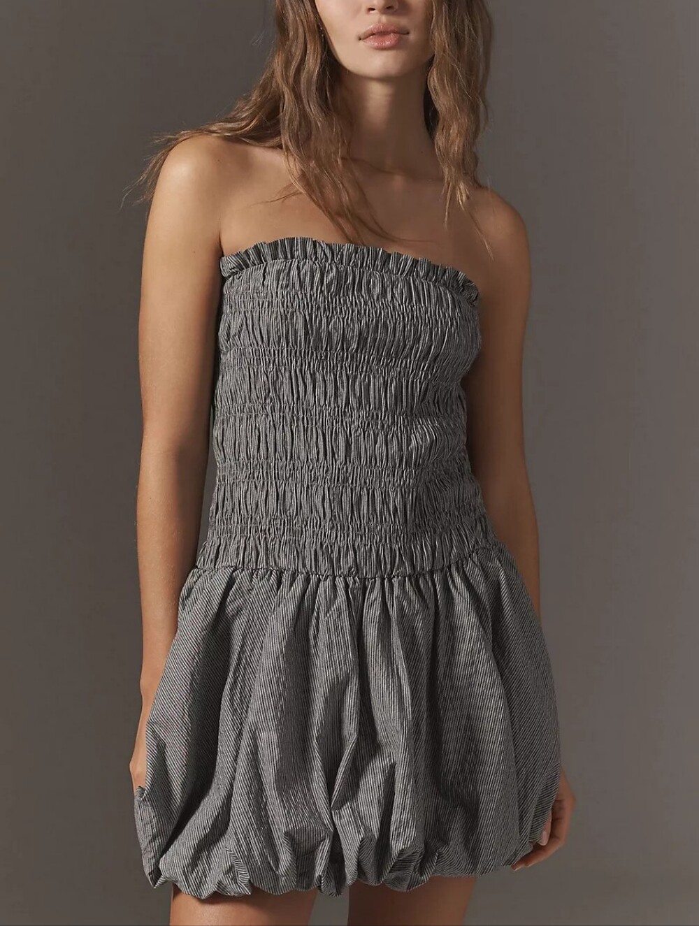 Anthro Strapless Smocked Pinstripe Bubble Dress Mini - Size Medium Petite